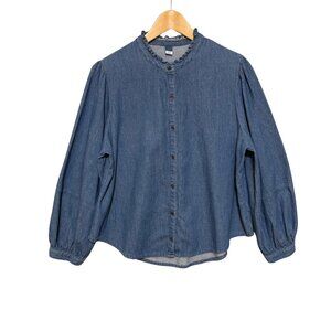 Old Navy Womens‎ Denim Ruffle Collar Button Down Top Size Large Balloon Sleeves